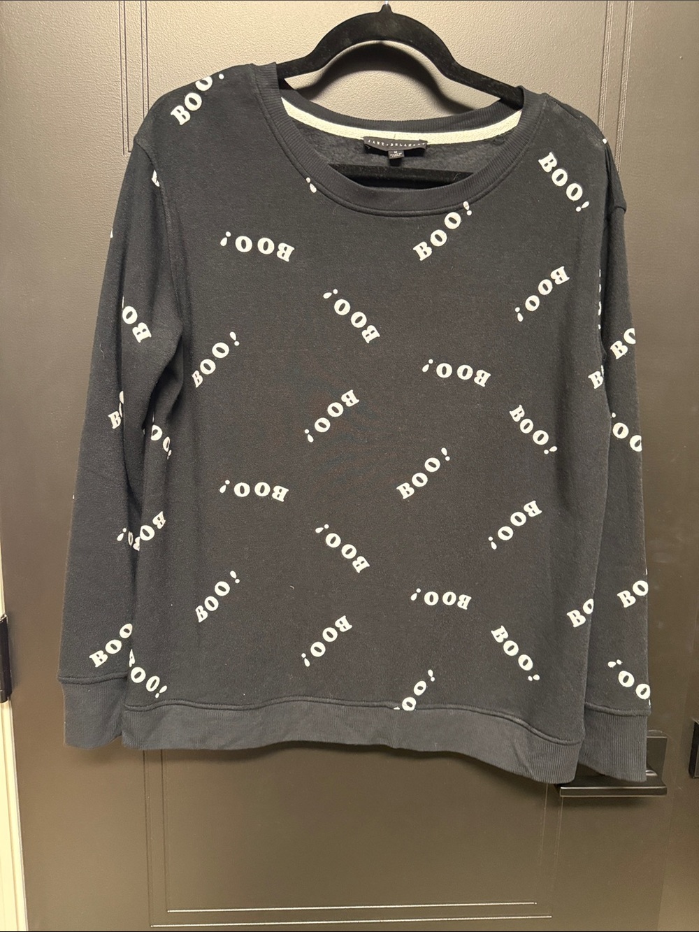 Jane and Delancey Black Crewneck Sweater with White "BOO!" Print